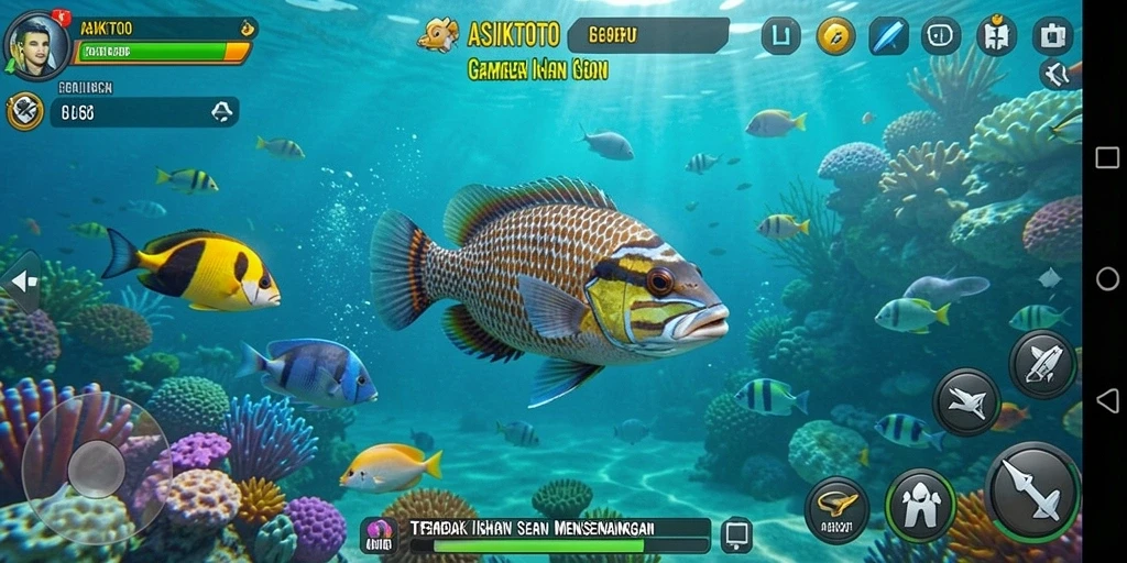 Tampilan gameplay ASIKTOTO dengan ikan berwarna-warni dan senjata terbaik.