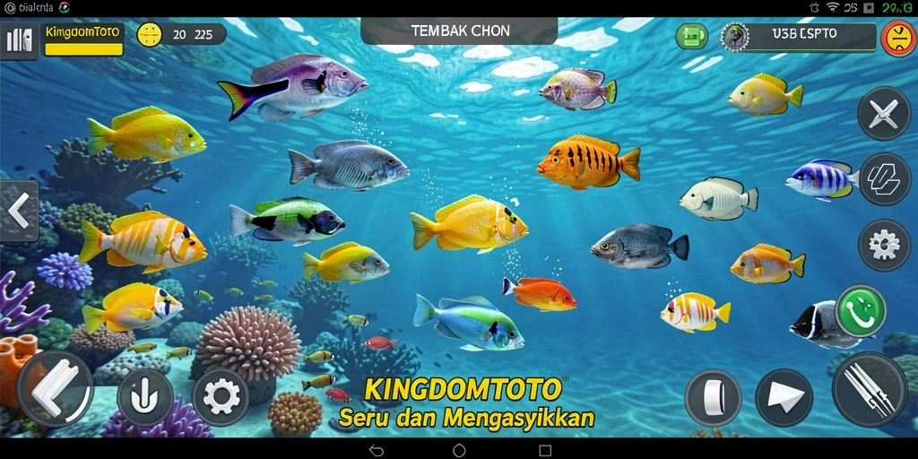 Tampilan gameplay menarik dari KINGDOMTOTO dengan banyak ikan berwarna.
